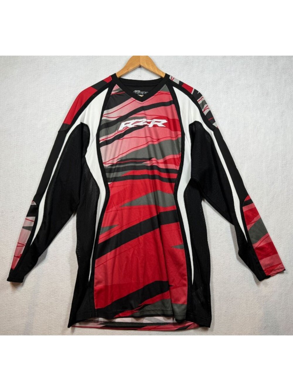 Polaris RZR Racing Jersey Long Sleeve Red Black Gray Mesh V-Neck Men's Large L